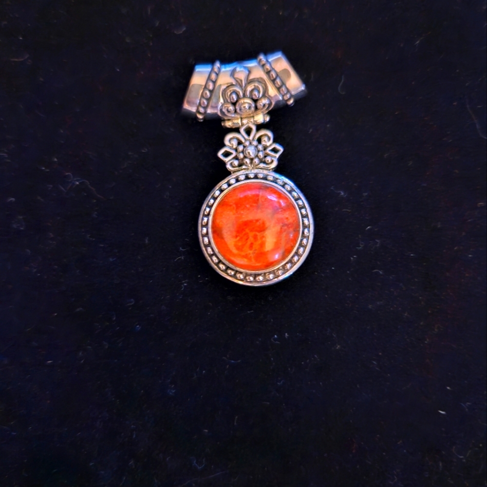 Red Coral Rhodium Over Sterling Silver Oxidized Slide Pendant